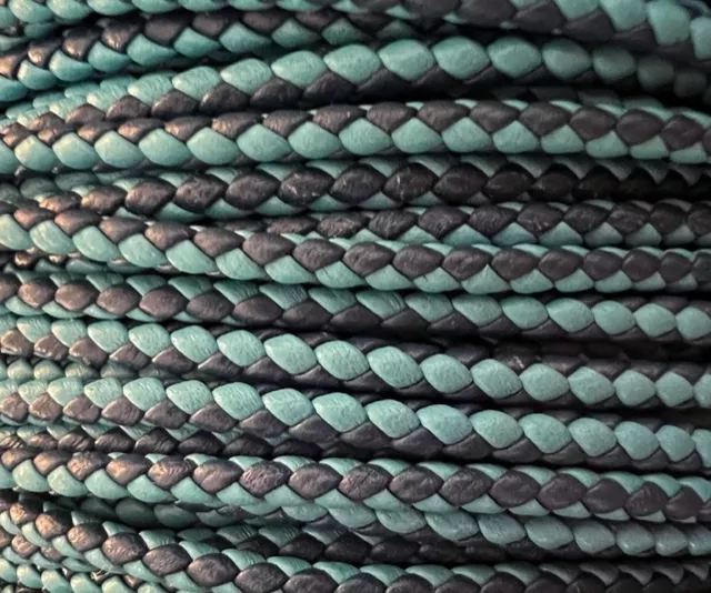 Cuir tressé rond 3mm en bicolore-nouvelles couleurs - turquoise et bleu