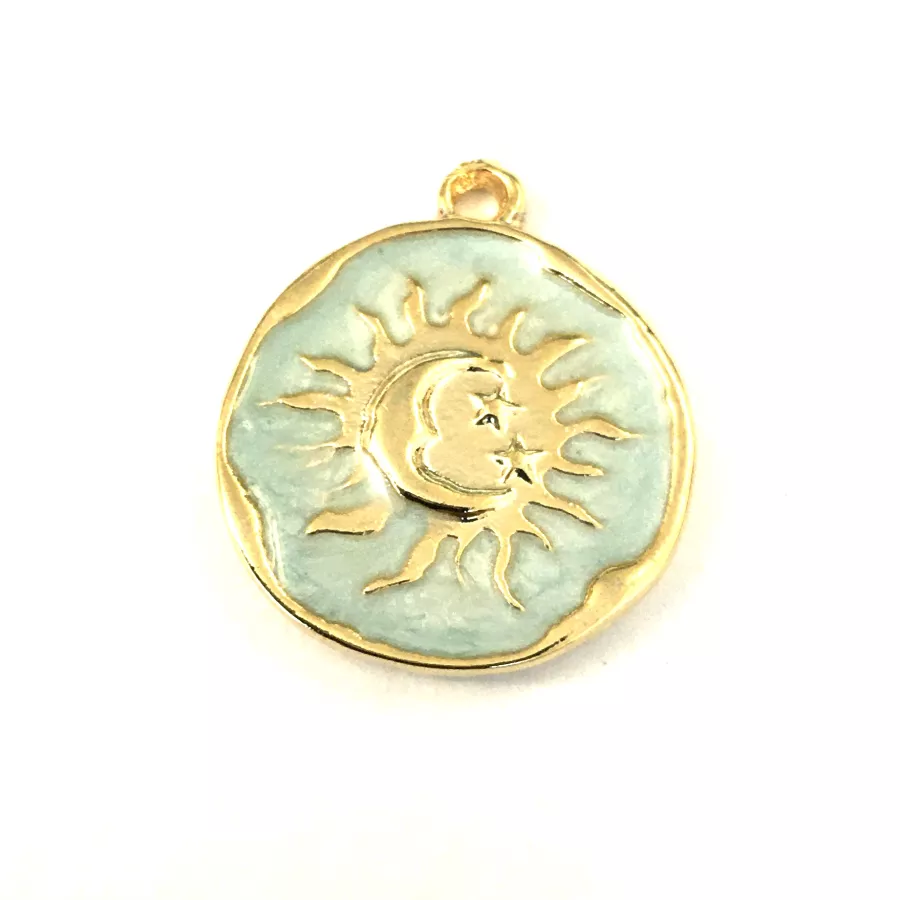 2Pendants  médaille soleil lune étoile émaillé-en 9 couleurs - Vert d'eau