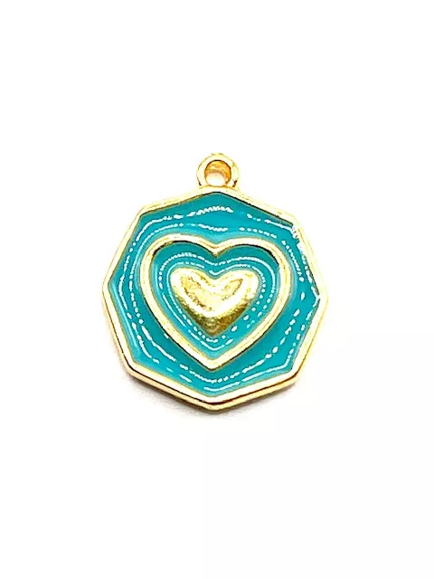 Pendant médaille hexagonale coeur en laiton émaillé - Turquoise