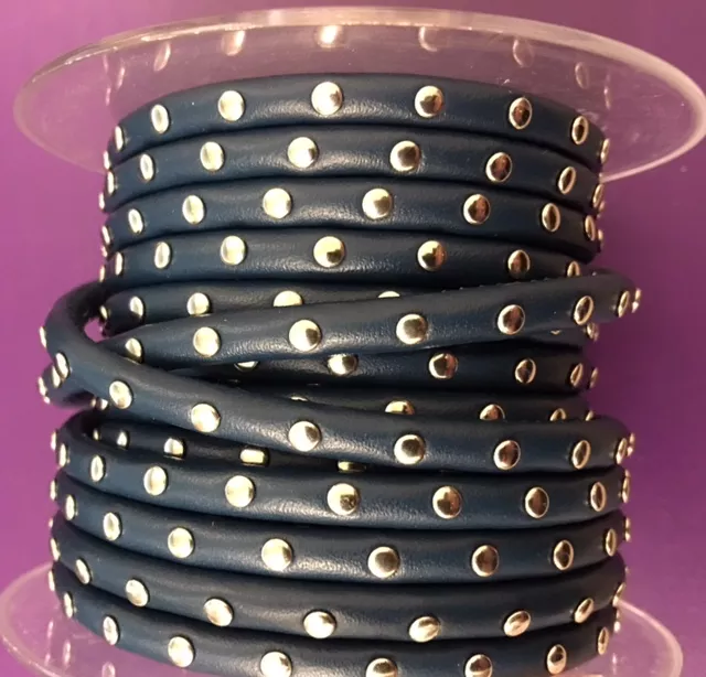 Cuir rond cousu et clouté 5 mm , en chèvre - Bleu