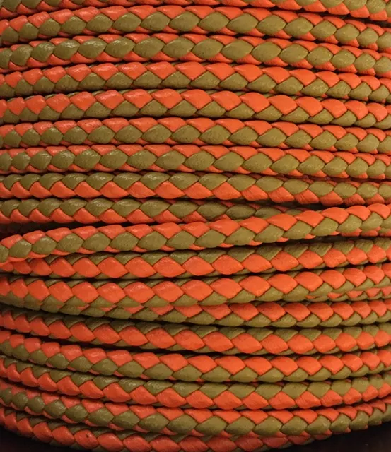 Cuir tressé rond 3mm en bicolore-nouvelles couleurs - orange-kaki